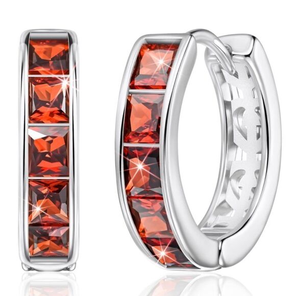 14K White Gold with Red Garnet Cubic Zirconia Princess Cut Huggie Earrings - Picture 1 of 5